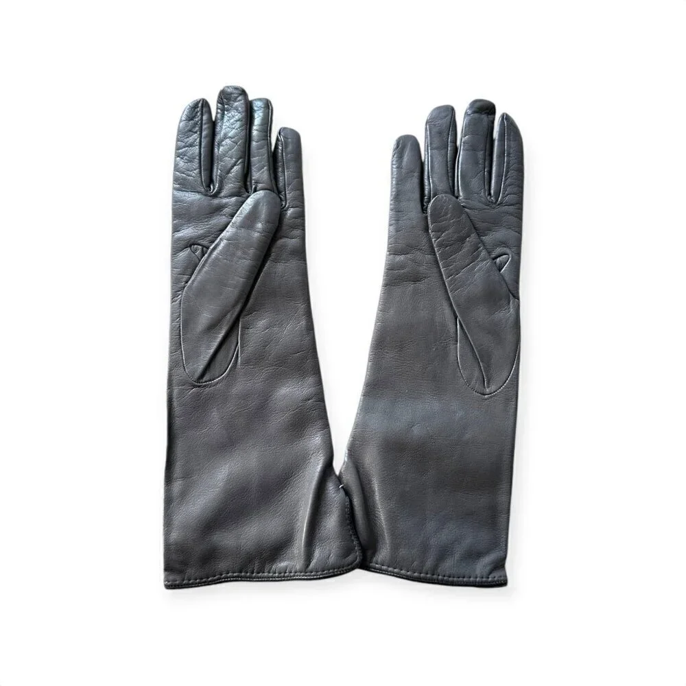 New Sermoneta Kid Leather Cashmere Lined Gloves, Medium‎ Length, Gray, size 7.5
